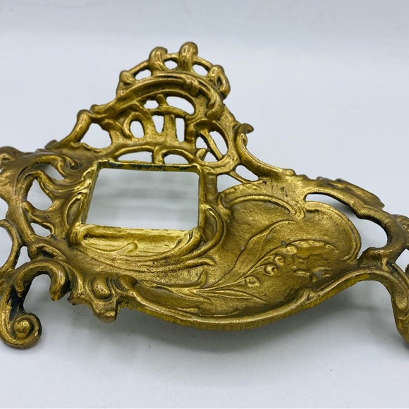Antique Cast Brass Ornate Inkwell Stand Art Nouveau Style Floral Motif - Picture 4 of 5